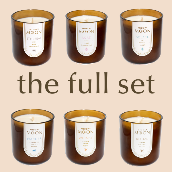 image showing all 6 of the midday moon core collection candles with text reading the full set in the middle