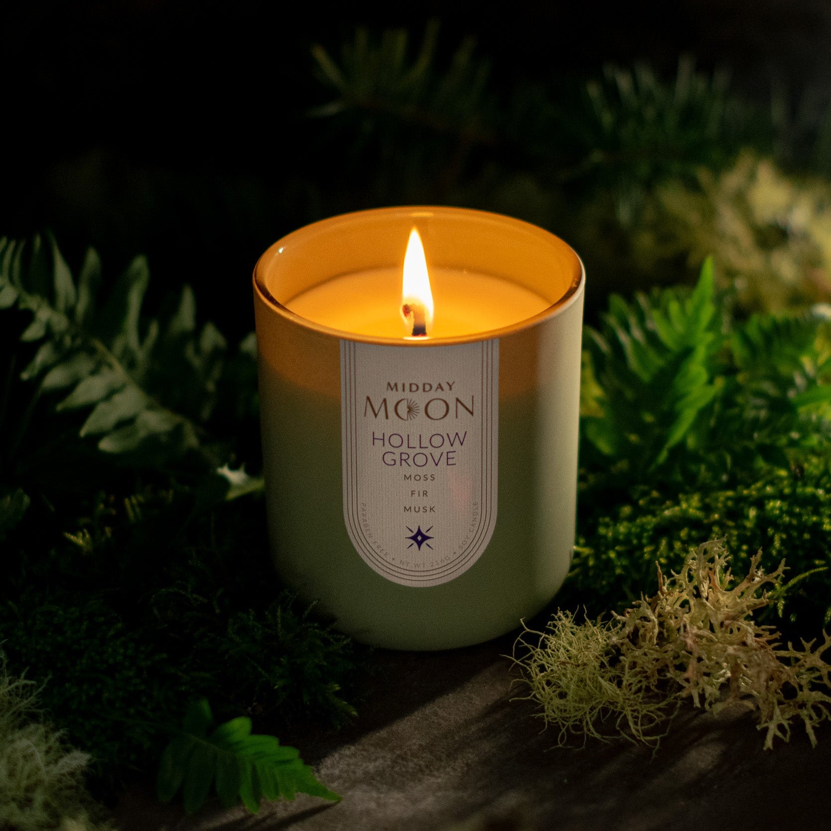 A darkly lit photo of a lit candle with a background of greenery and moss.